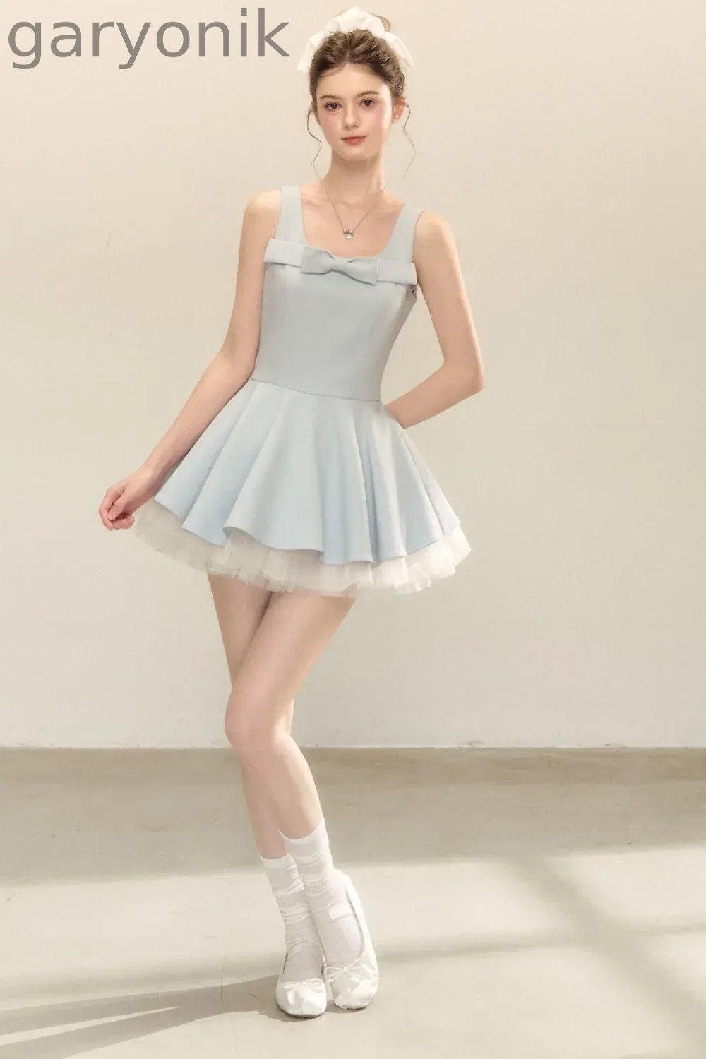 Bow Neck Spaghetti Strap Puffy Dress