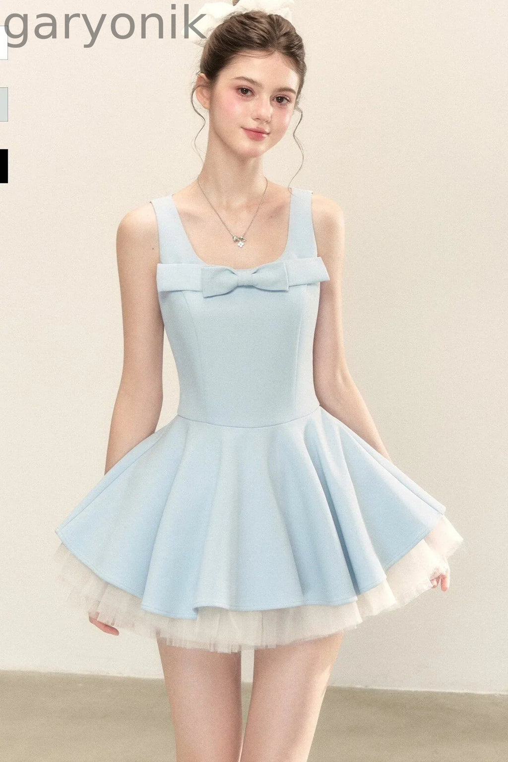 Bow Neck Spaghetti Strap Puffy Dress