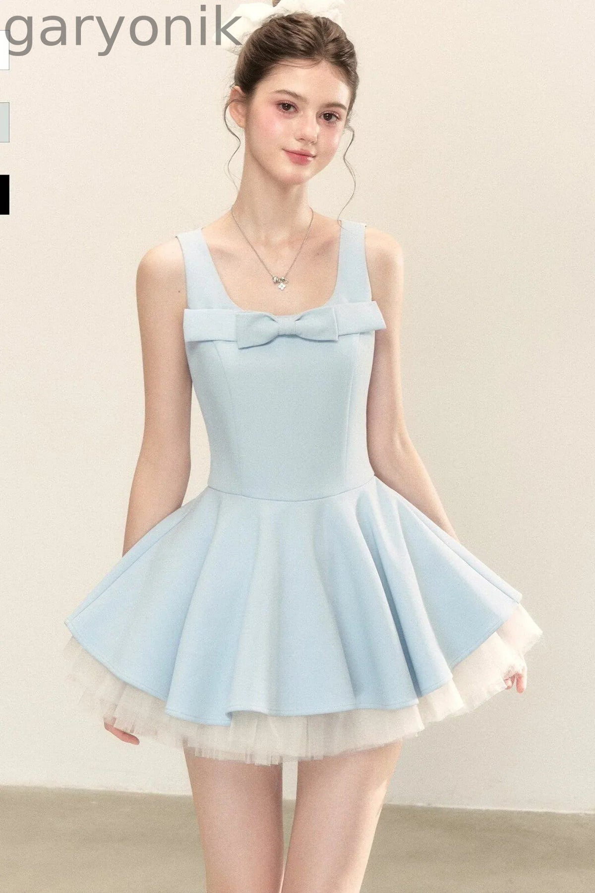 Bow Neck Spaghetti Strap Puffy Dress