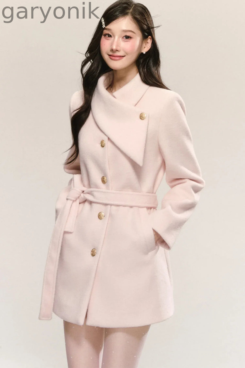 Pink Diagonal Collar Woolen Coat
