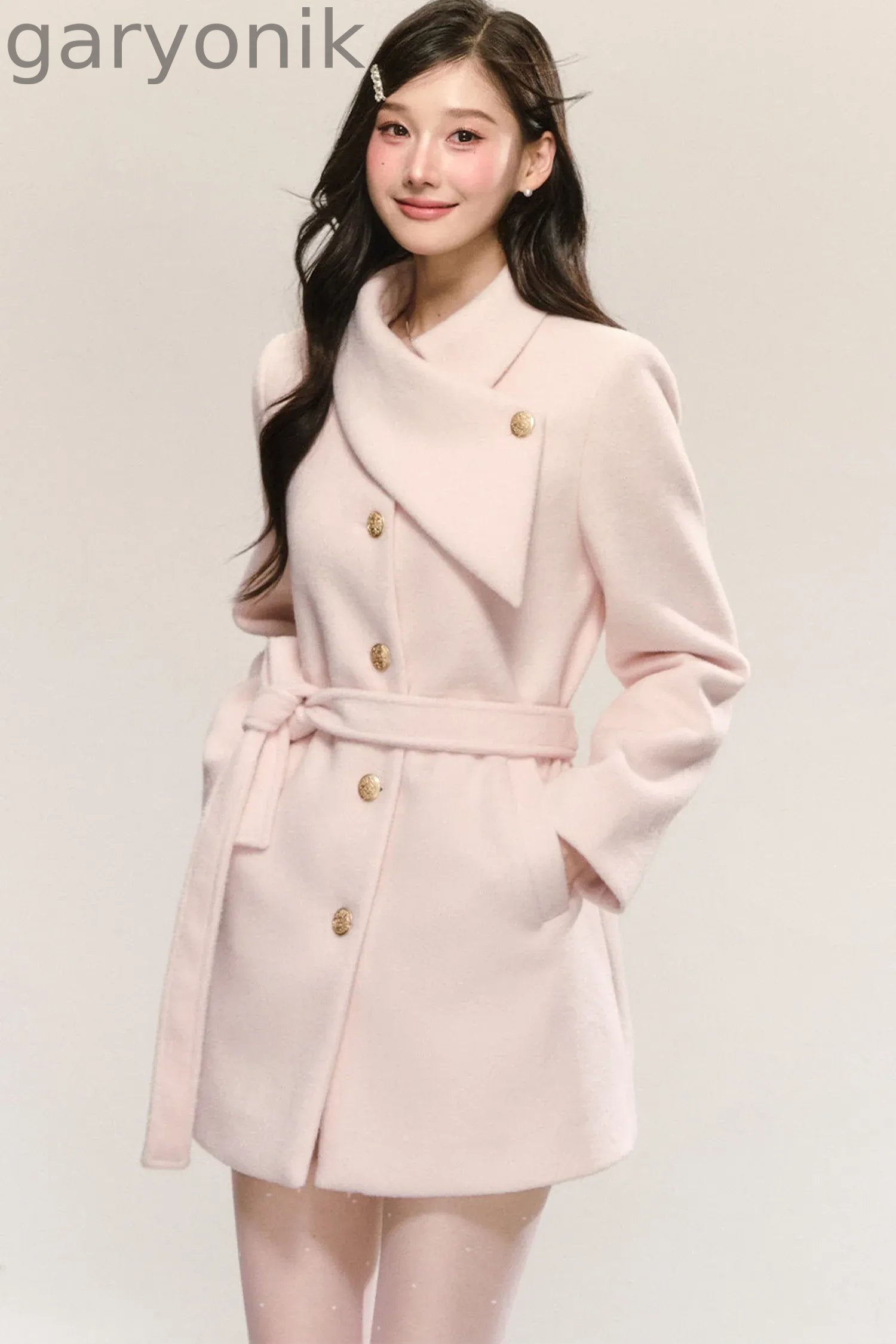 Pink Diagonal Collar Woolen Coat