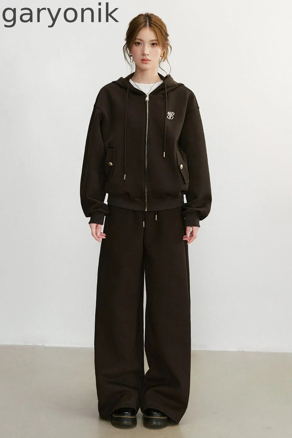 Embroidered Hooded Cardigan Sweatshirt and Wide-Leg Pants Set-Up