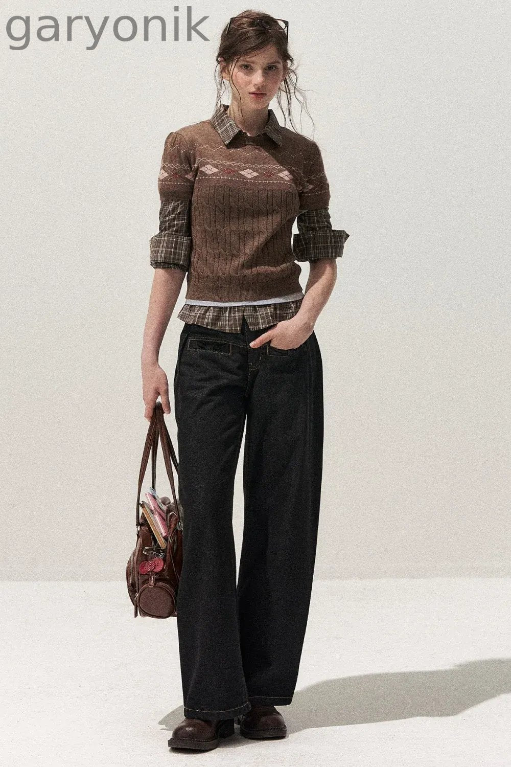 Retro Fair Isle Argyle Short-Sleeve Knit Sweater and Skirt Set-Up