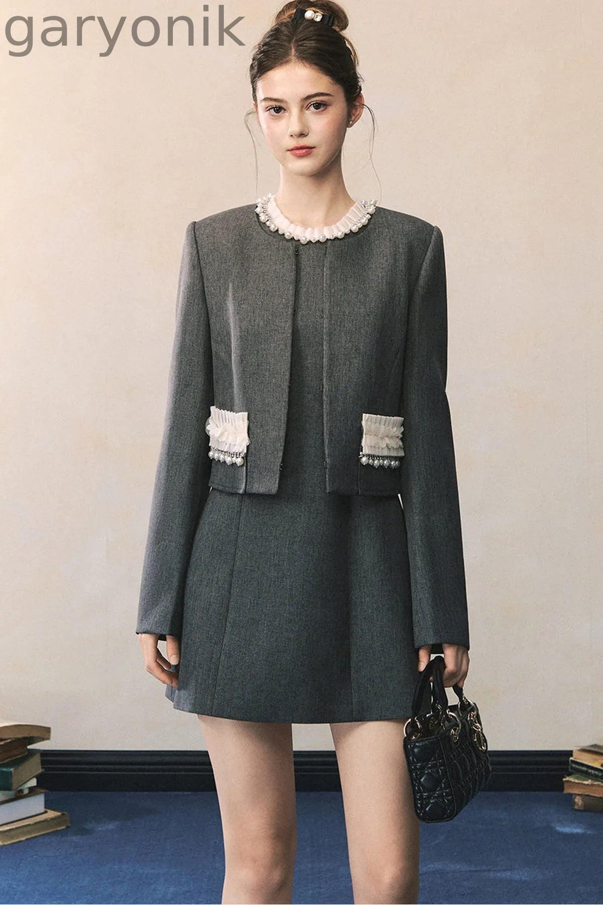 Miu Style Tweed Blazer Sleeveless A-Line Dress Set-Up