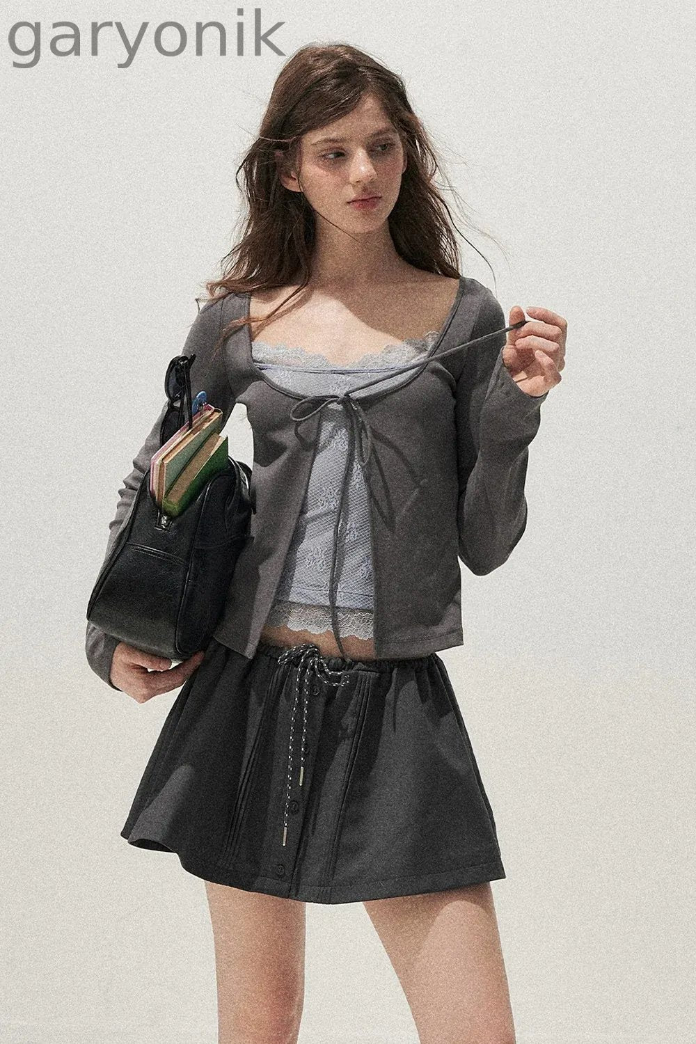 Lace Spliced Tie-Up Long Sleeve Top