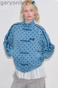 Blue Polka Dot Zipper Hoodie Jacket