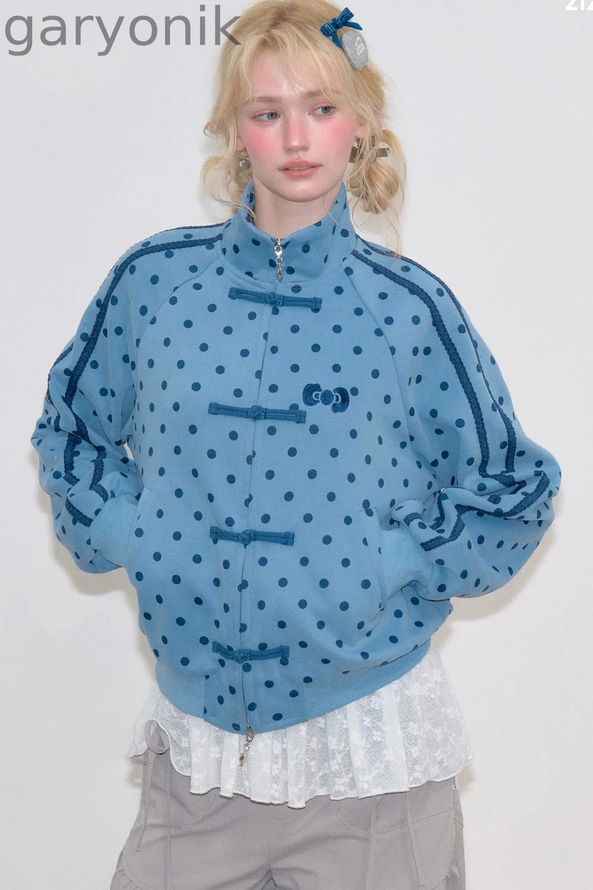 Blue Polka Dot Zipper Hoodie Jacket