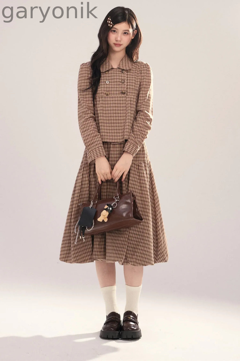 Long-Sleeved Plaid Shirt and Skirt Set-Up