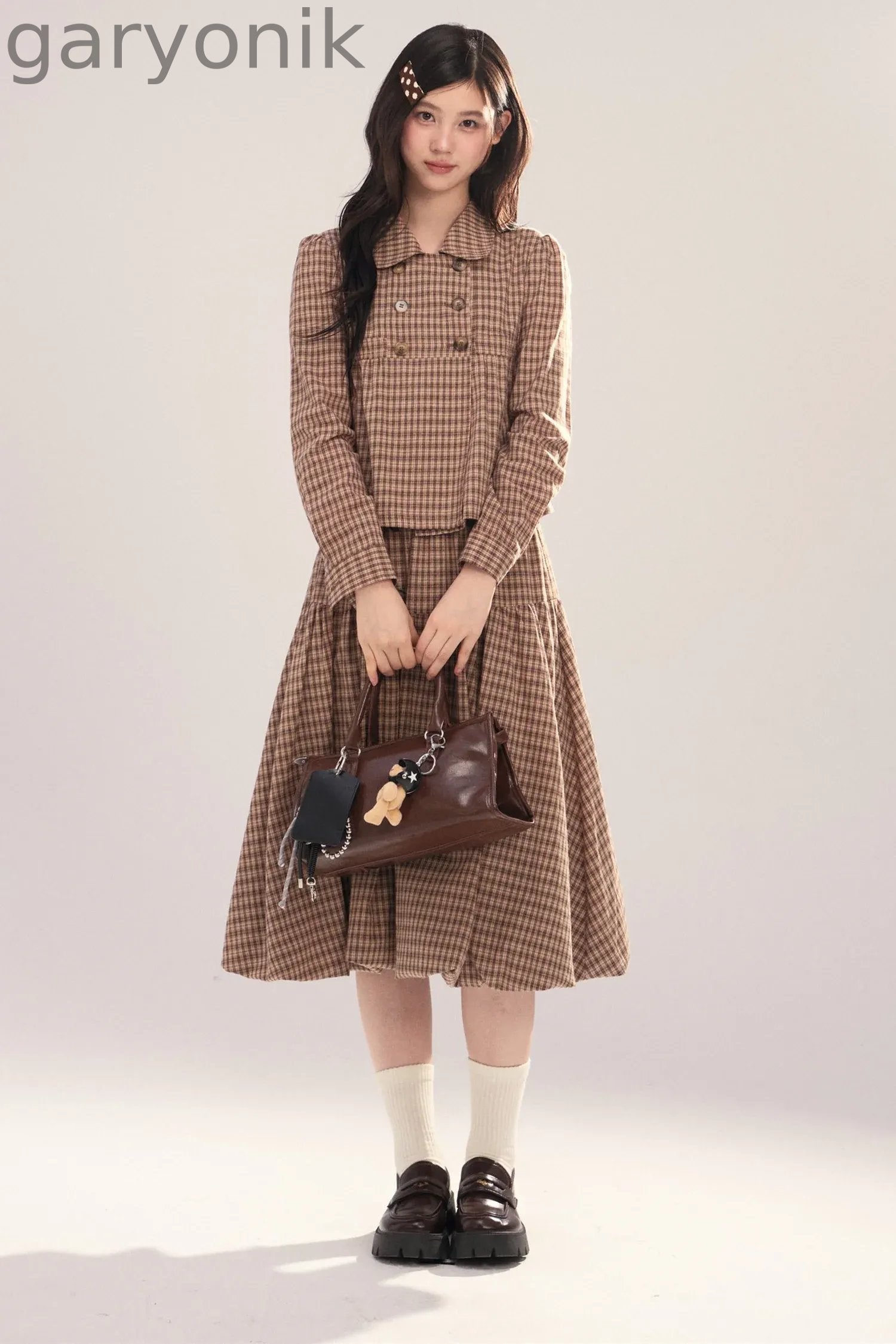 Long-Sleeved Plaid Shirt and Skirt Set-Up