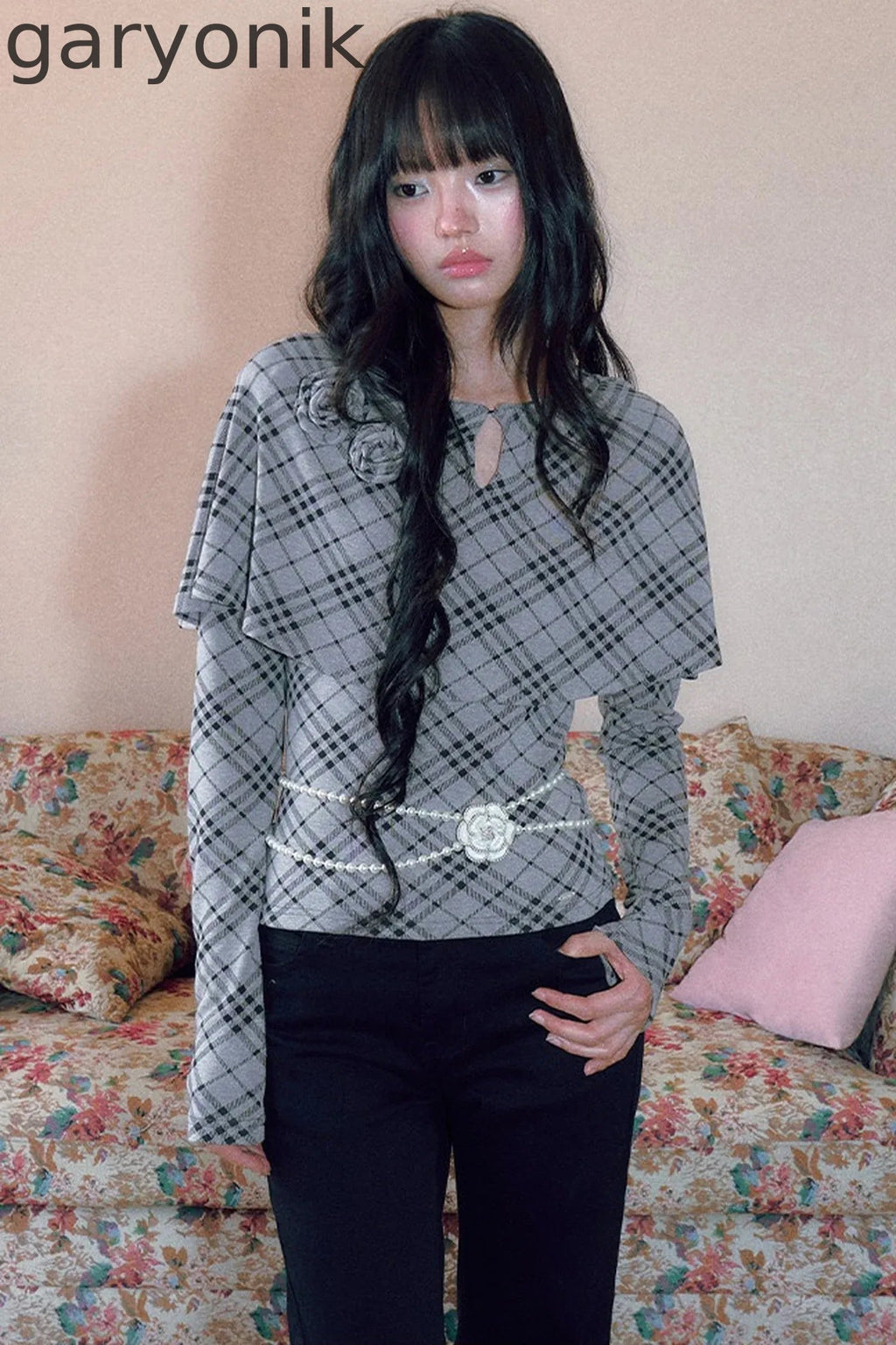Floral Plaid Cape Top and Pants Set-Up