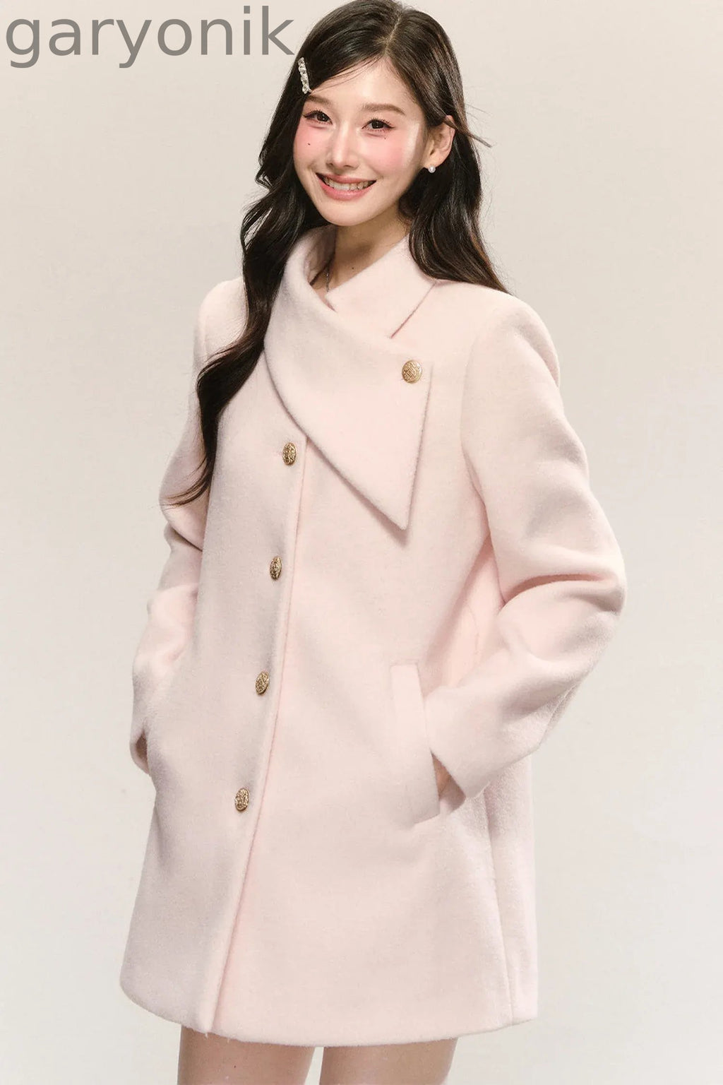 Pink Diagonal Collar Woolen Coat