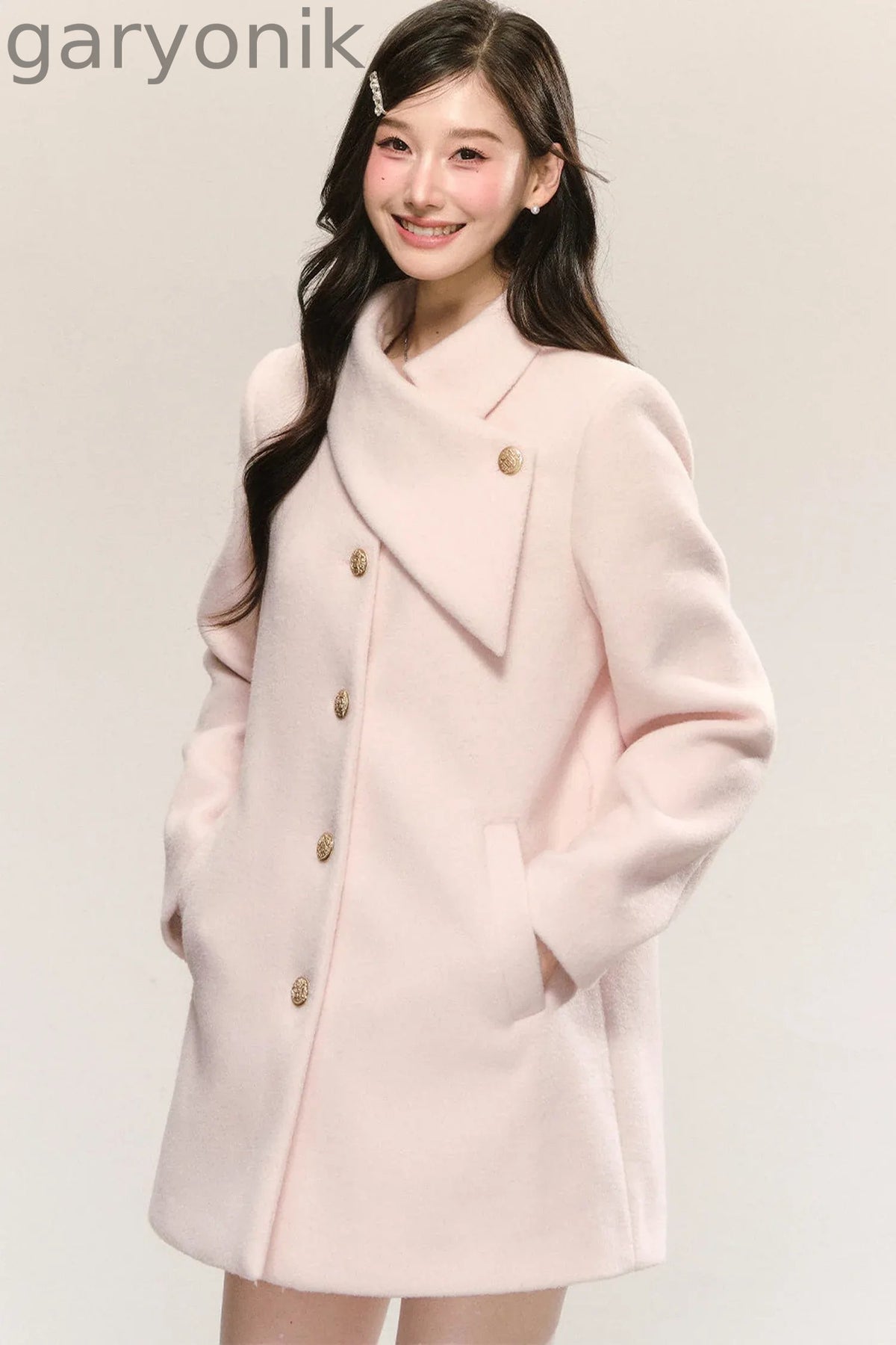 Pink Diagonal Collar Woolen Coat