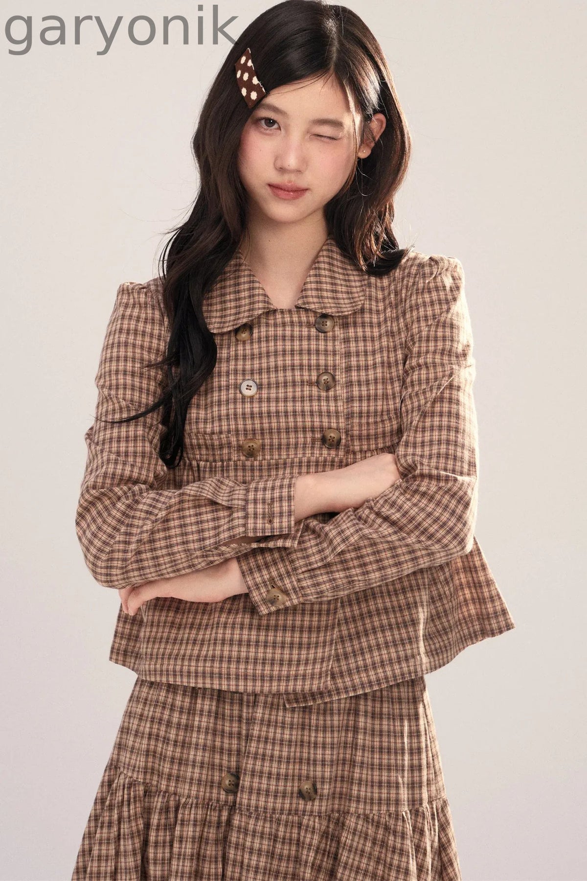 Long-Sleeved Plaid Shirt and Skirt Set-Up