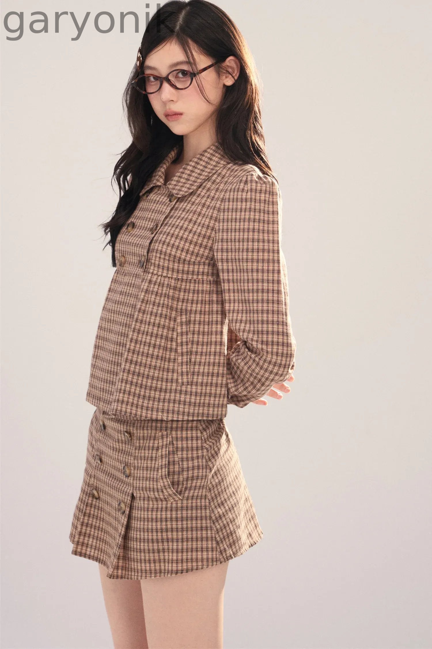 Long-Sleeved Plaid Shirt and Skirt Set-Up