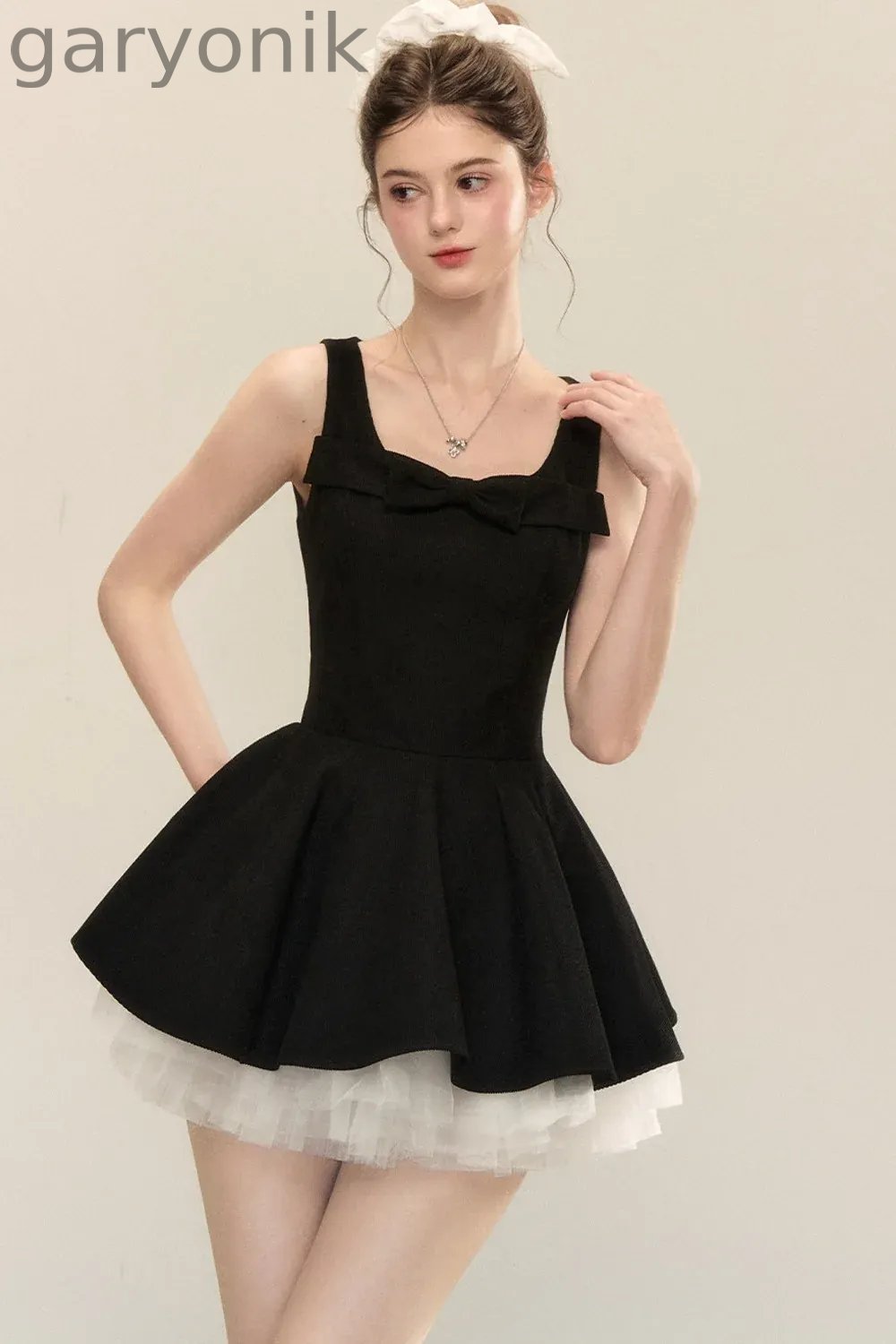 Bow Neck Spaghetti Strap Puffy Dress