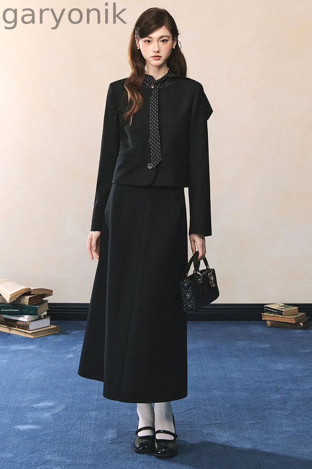 Black Polka Dot Tie Blazer And Skirt Set-Up