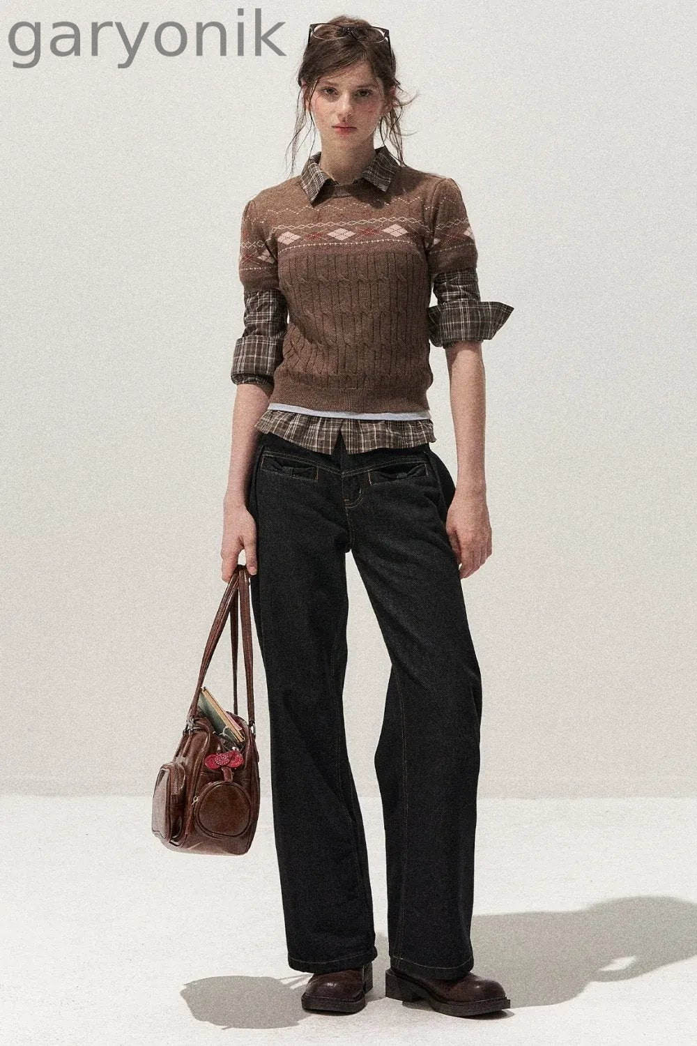 Retro Fair Isle Argyle Short-Sleeve Knit Sweater and Skirt Set-Up