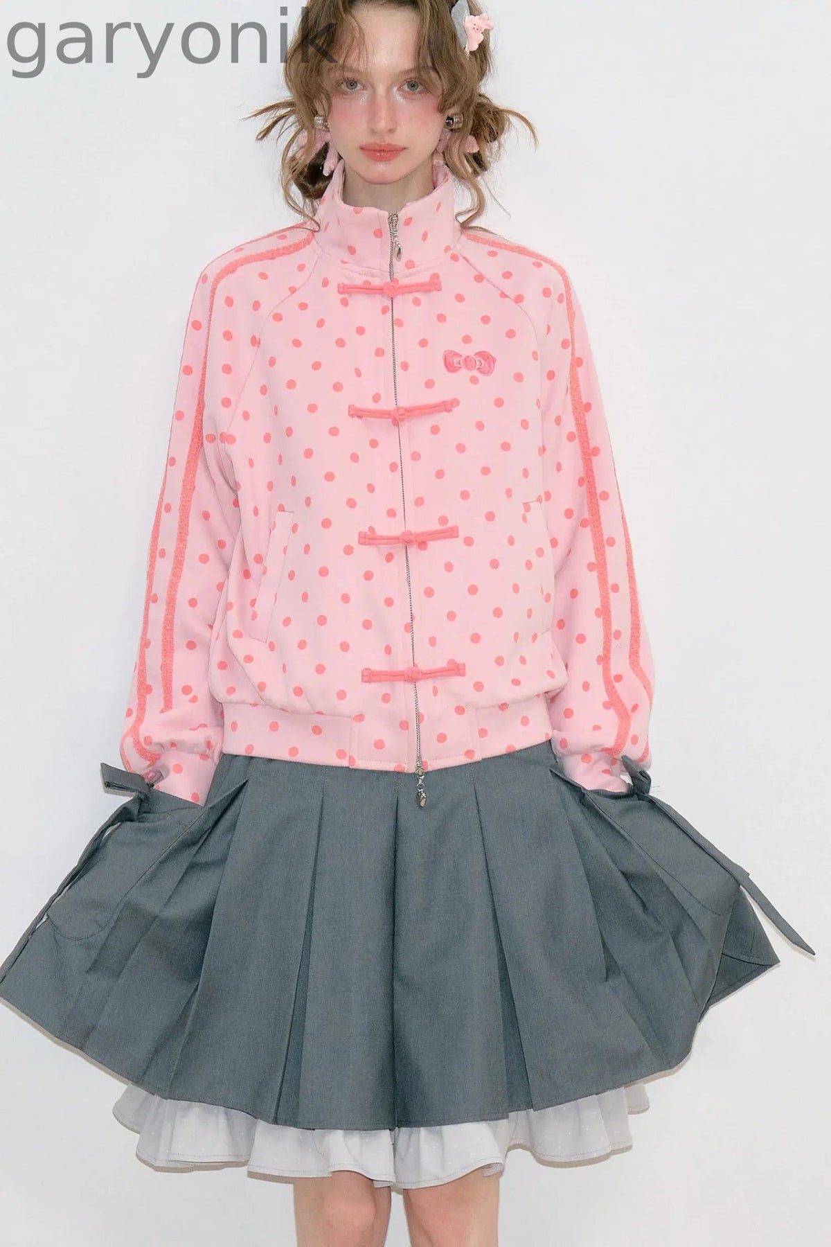 Blue Polka Dot Zipper Hoodie Jacket