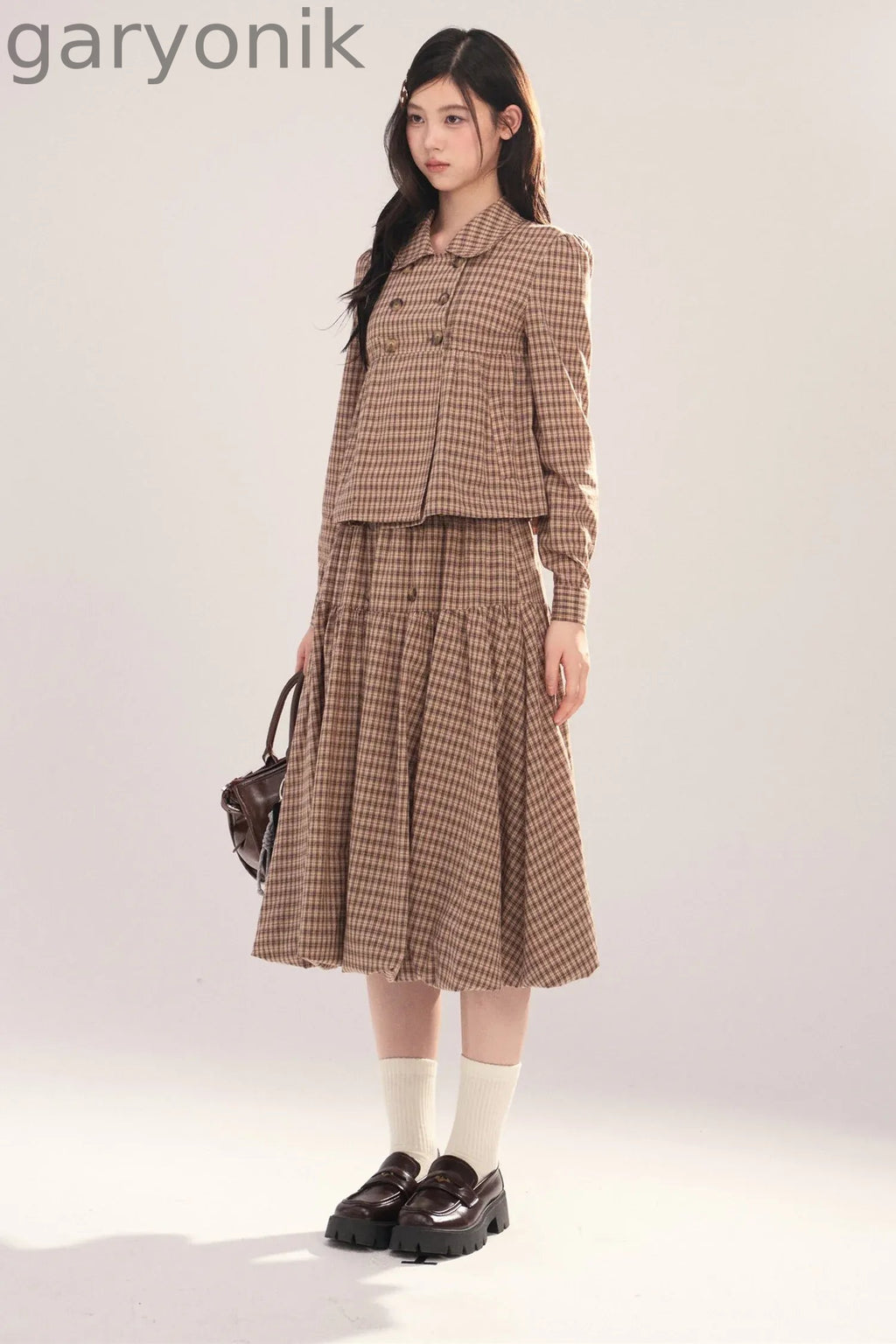 Long-Sleeved Plaid Shirt and Skirt Set-Up