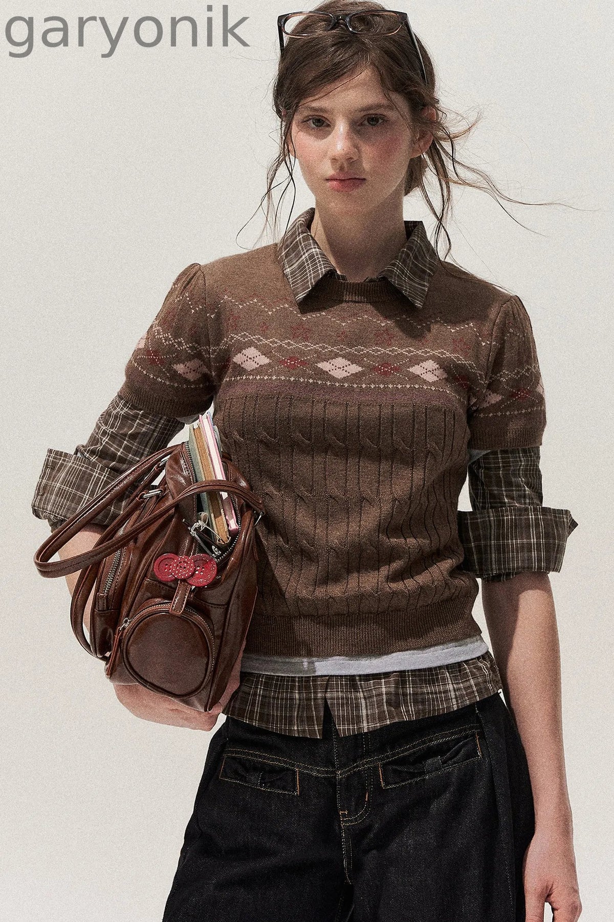 Retro Fair Isle Argyle Short-Sleeve Knit Sweater and Skirt Set-Up