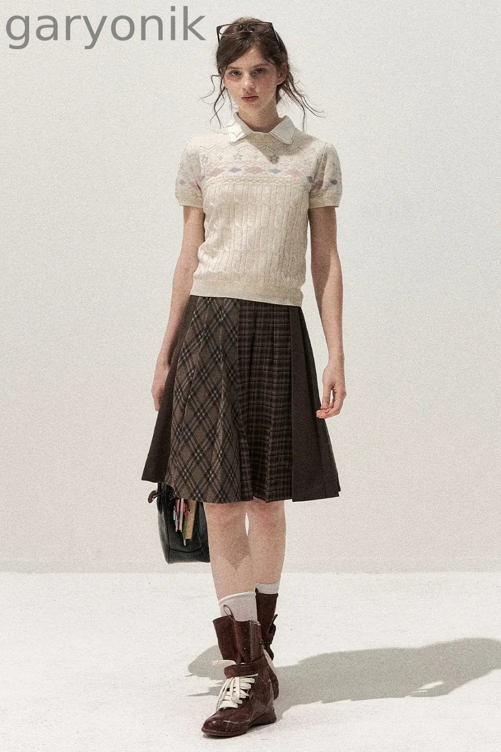 Retro Fair Isle Argyle Short-Sleeve Knit Sweater and Skirt Set-Up