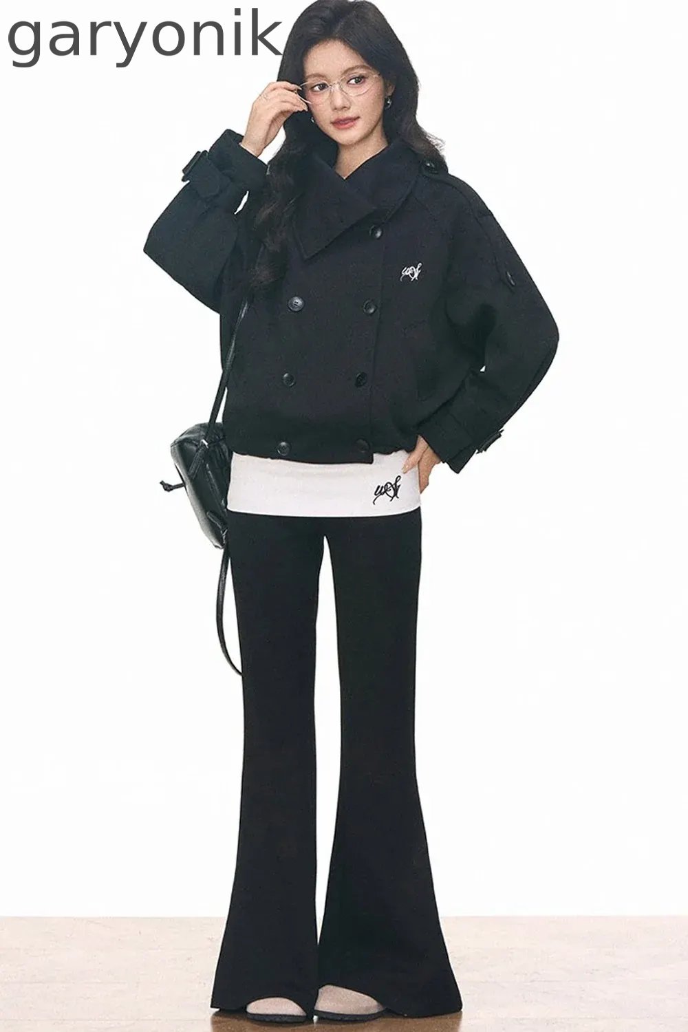 Double-Breasted Knitted Short Trench Coat and Pants Set-Up