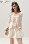 Lace Spliced Tie-Up Long Sleeve Top
