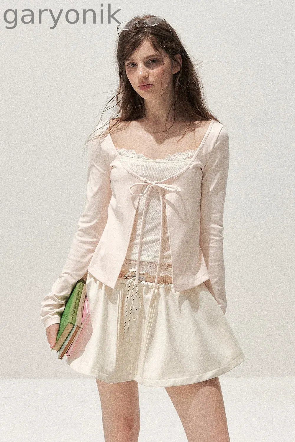 Lace Spliced Tie-Up Long Sleeve Top