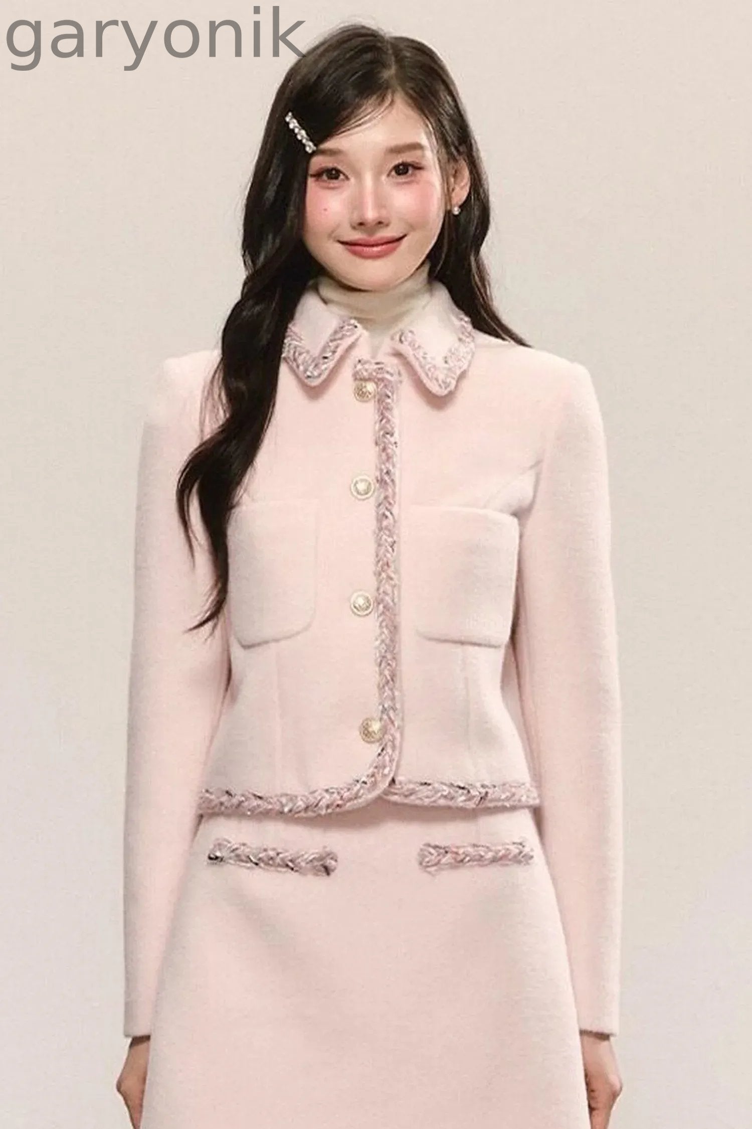 Miu Series Pink Woolen Coat Skirt Set-Up