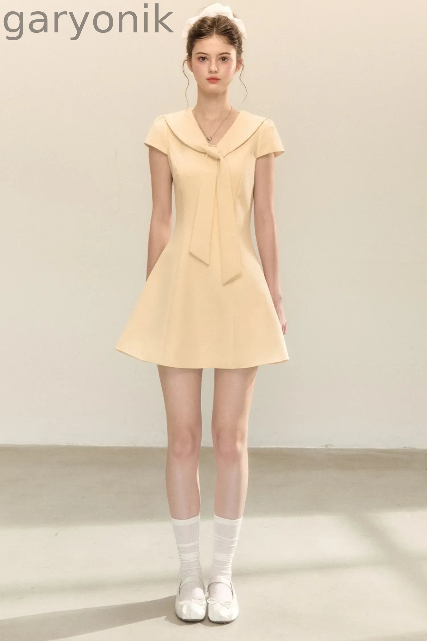 Navy Collar Short Sleeve A-Line Dress