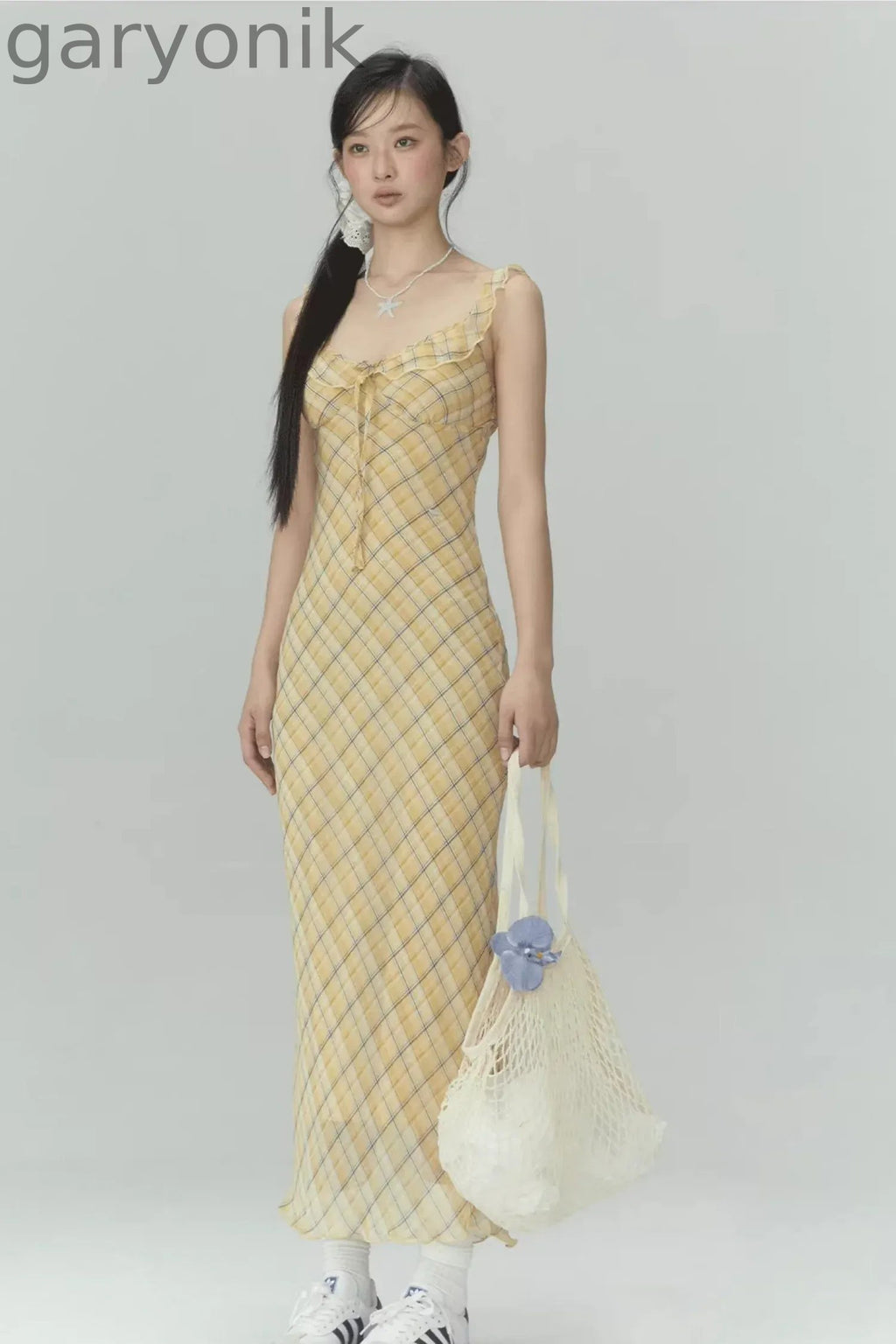 Yellow Plaid Slim Long Dress