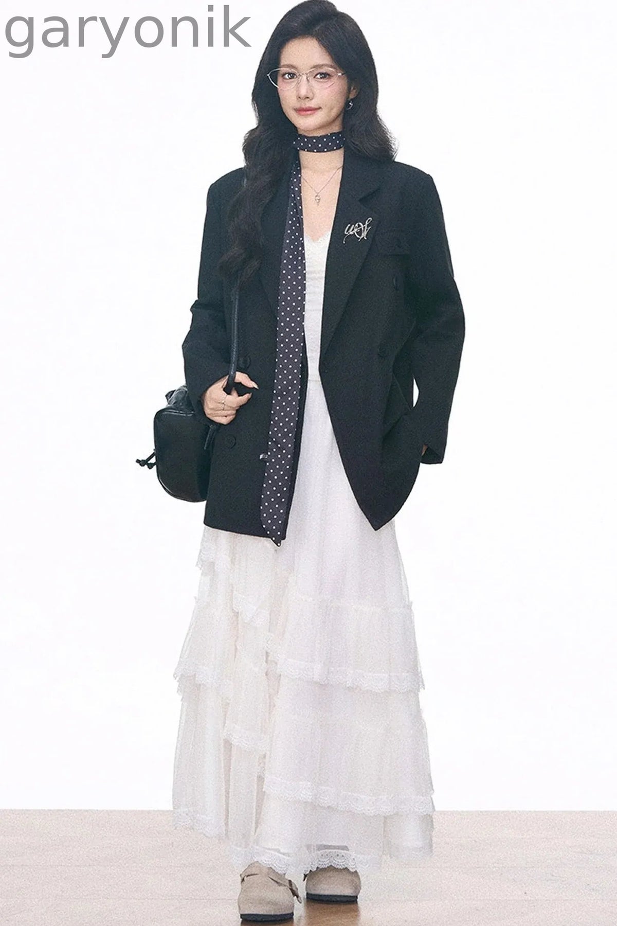 Woolen Blazer and Mesh Skirt Set-Up