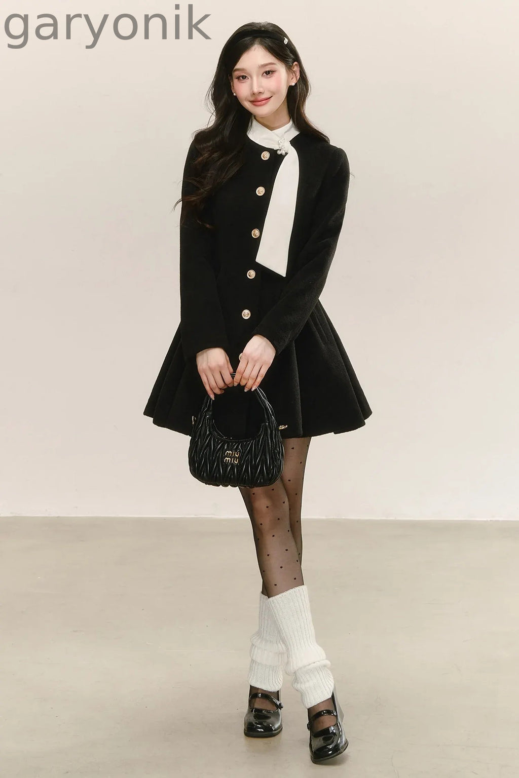 Black Woolen Puffy Coat Dress