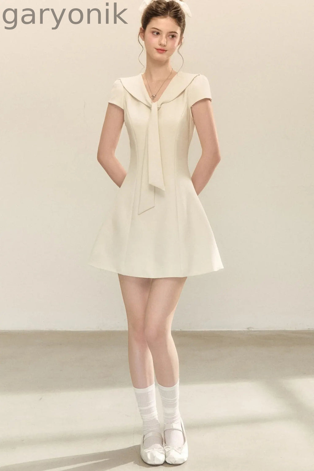 Navy Collar Short Sleeve A-Line Dress