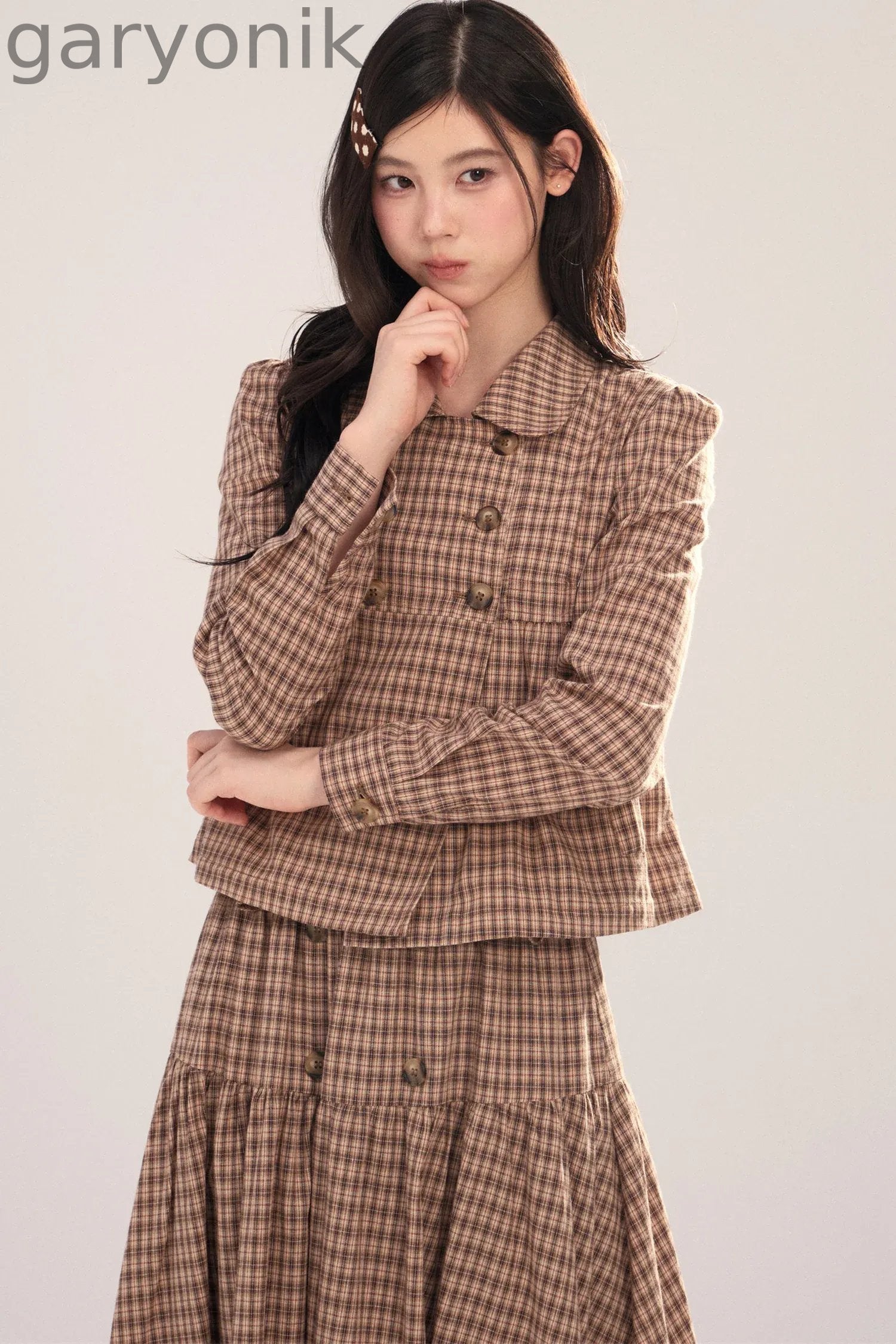 Long-Sleeved Plaid Shirt and Skirt Set-Up