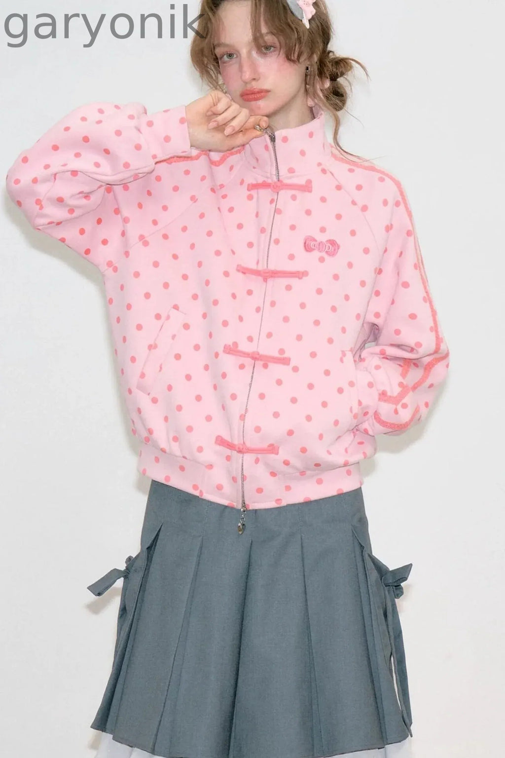 Blue Polka Dot Zipper Hoodie Jacket