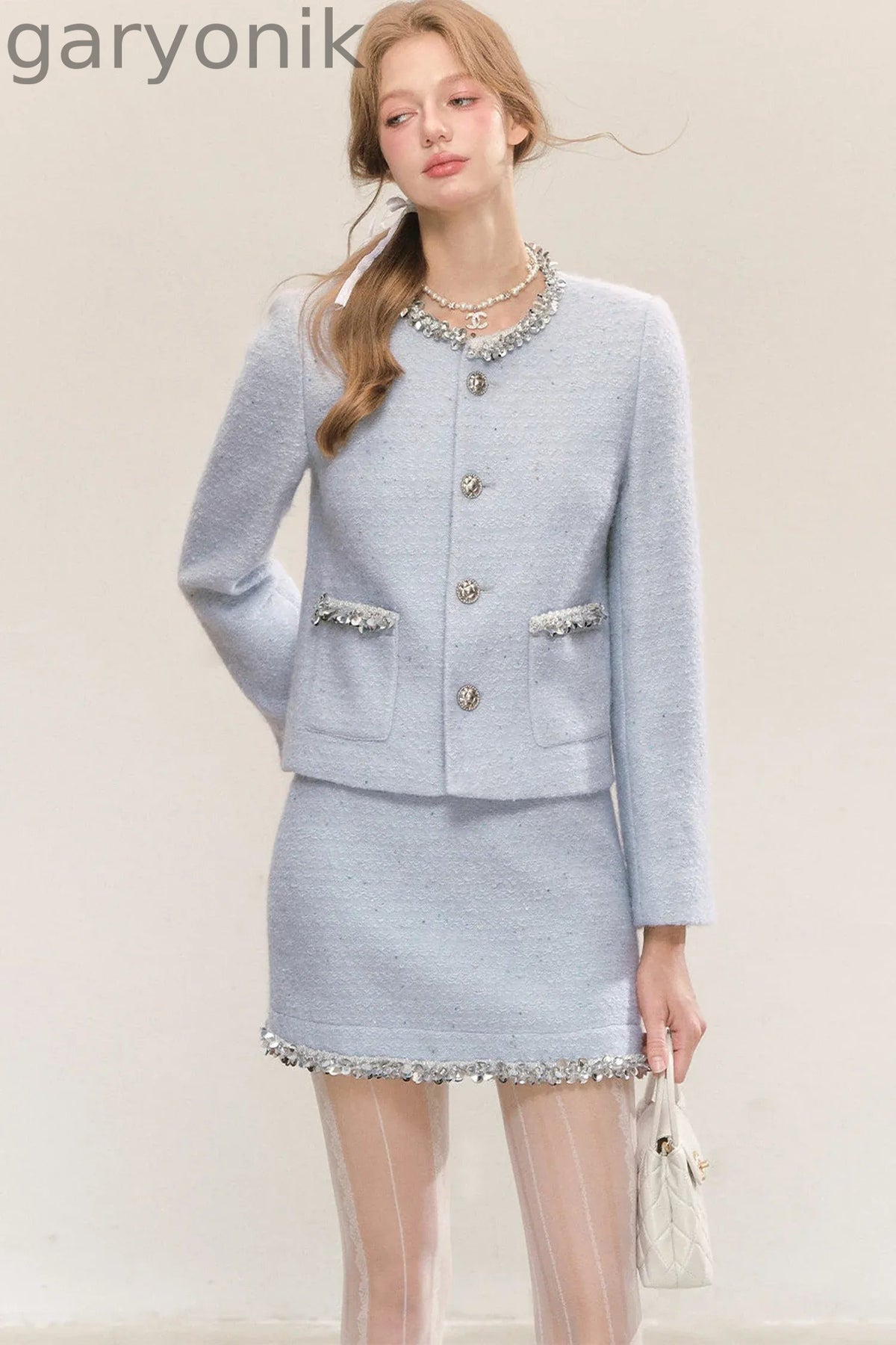 Blue Sequin Tweed Coat and Skirt Set-Up