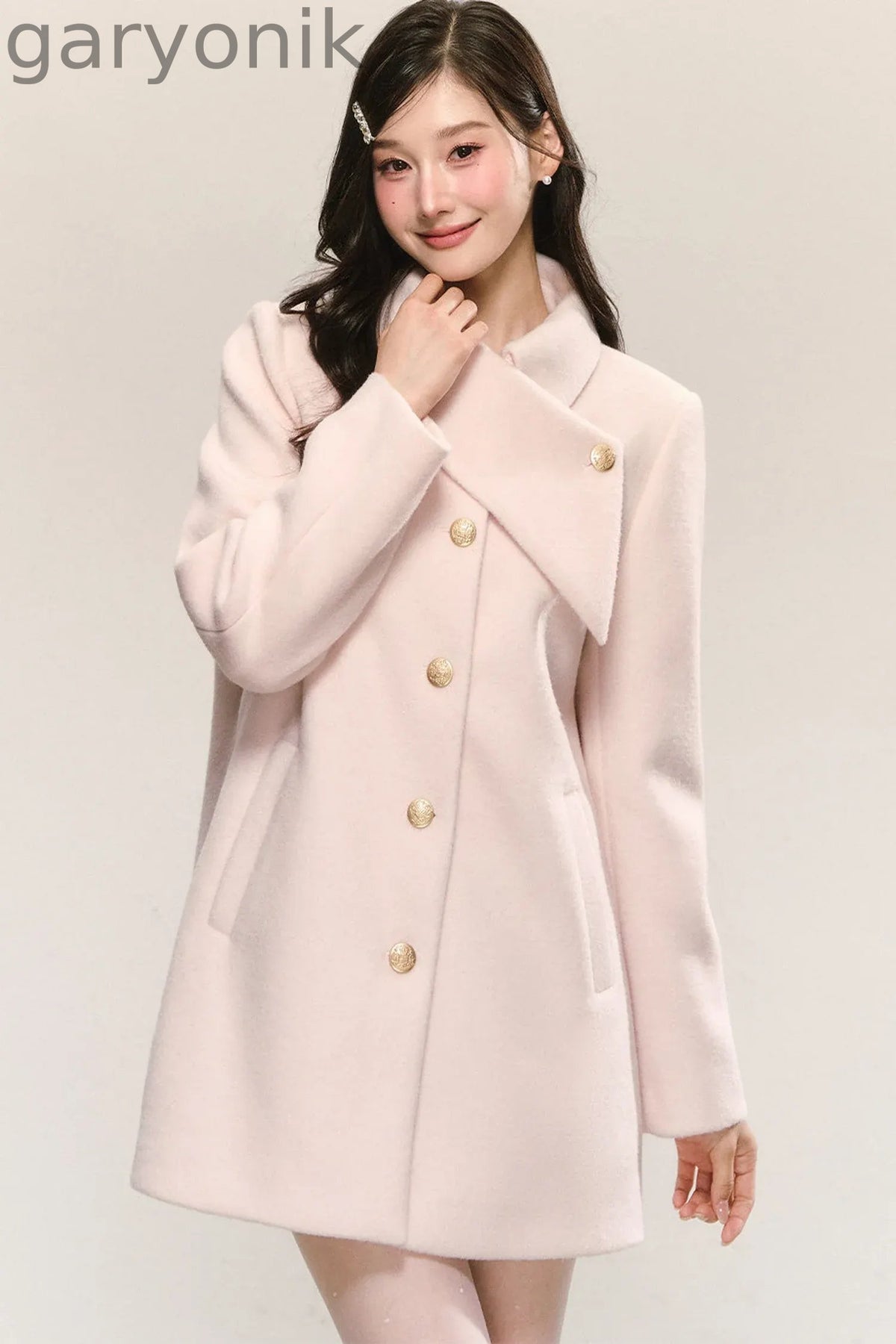 Pink Diagonal Collar Woolen Coat