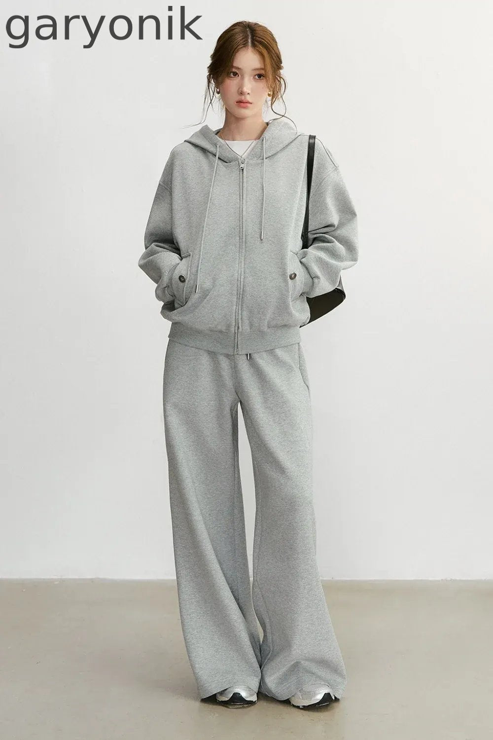 Embroidered Hooded Cardigan Sweatshirt and Wide-Leg Pants Set-Up