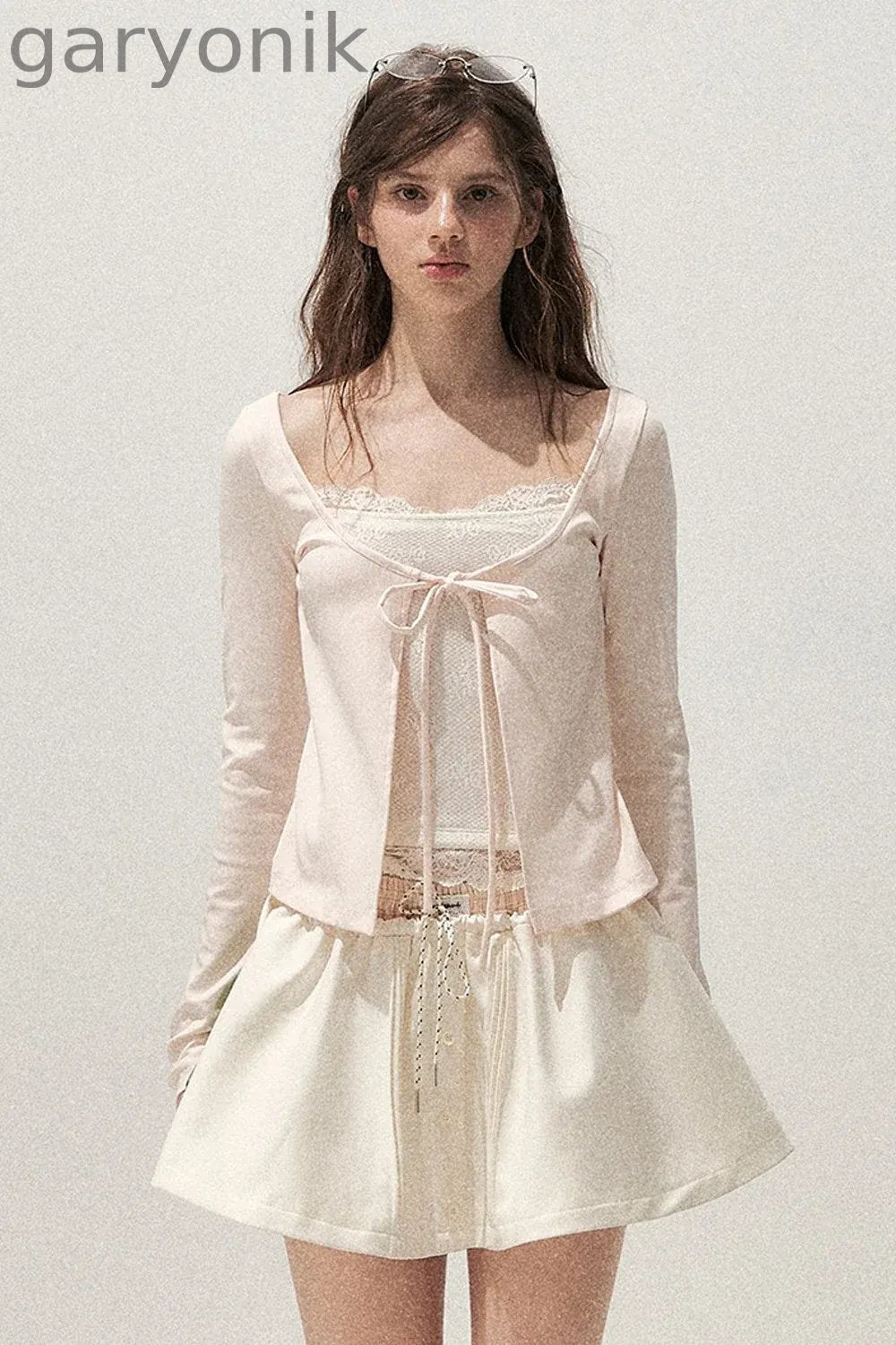 Lace Spliced Tie-Up Long Sleeve Top