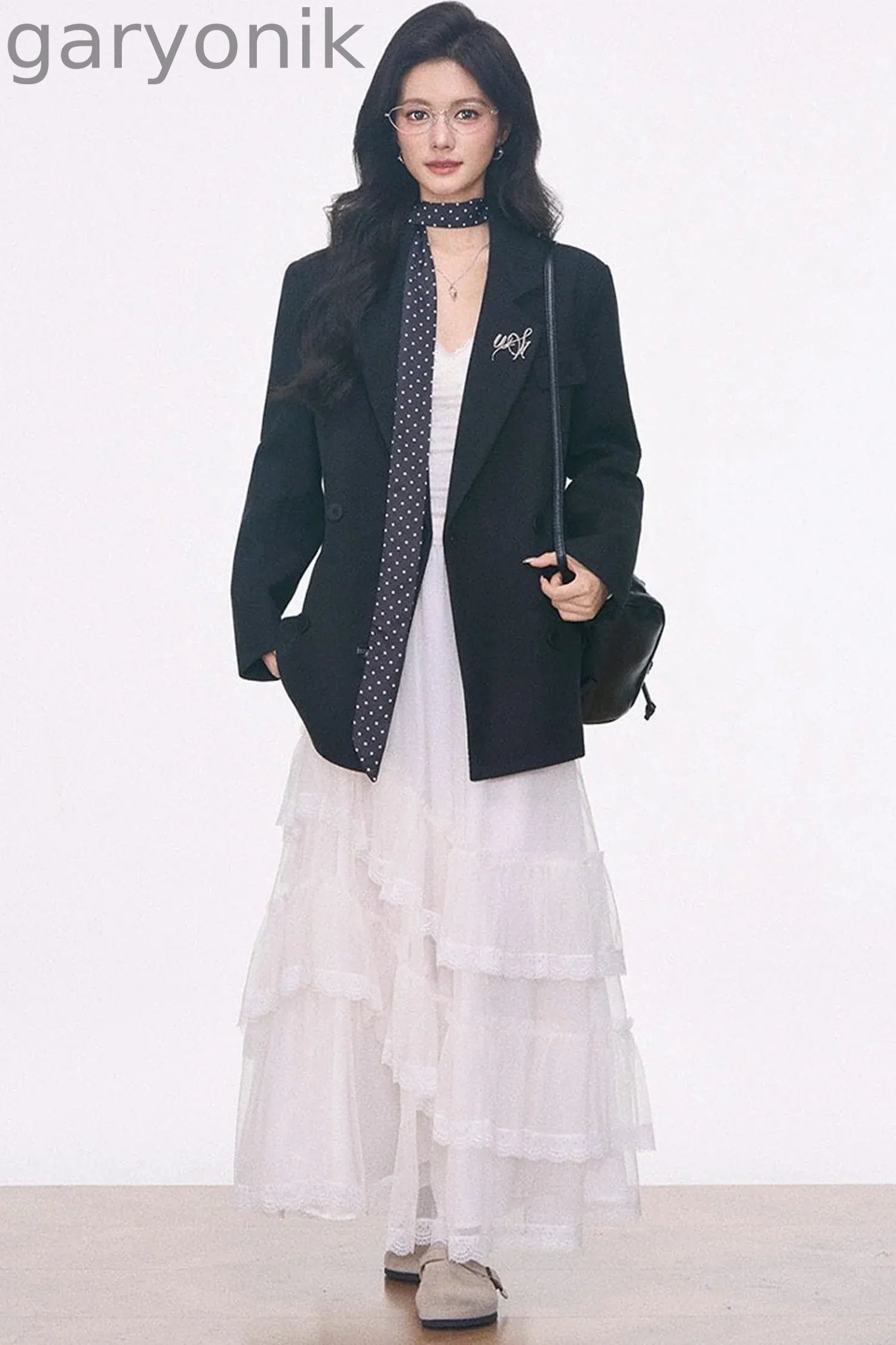 Woolen Blazer and Mesh Skirt Set-Up