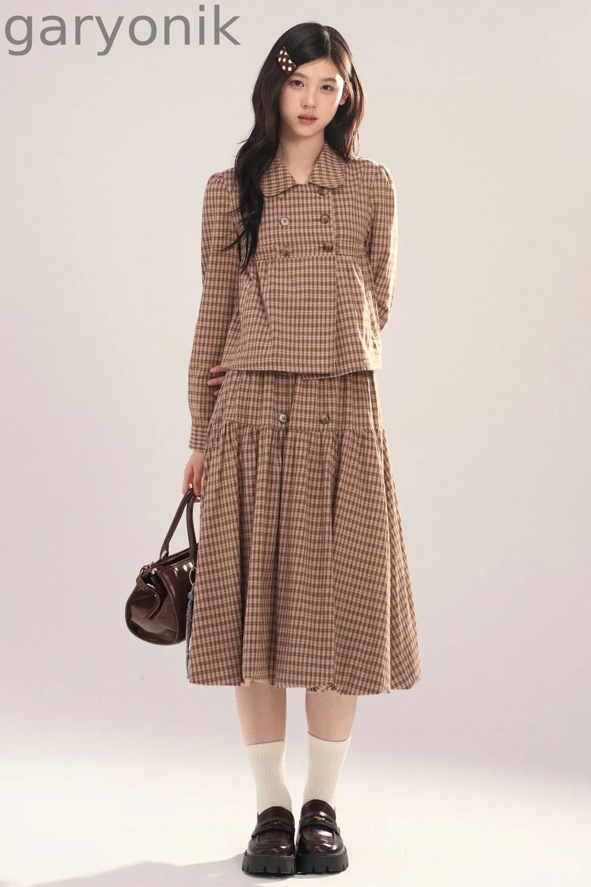 Long-Sleeved Plaid Shirt and Skirt Set-Up