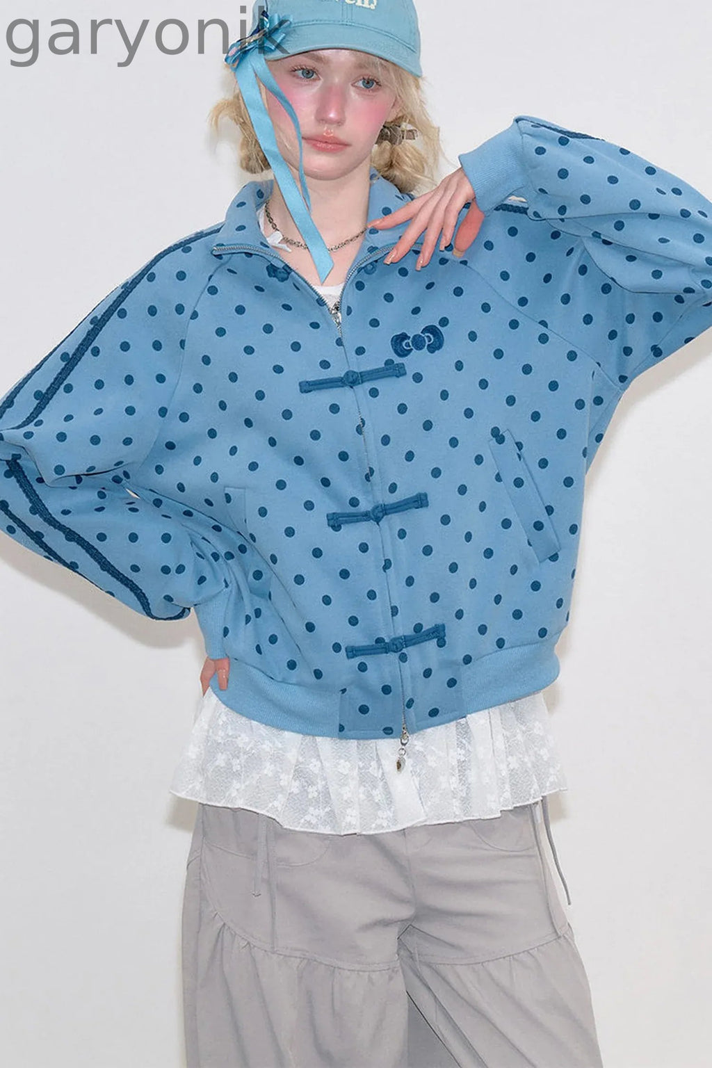 Blue Polka Dot Zipper Hoodie Jacket