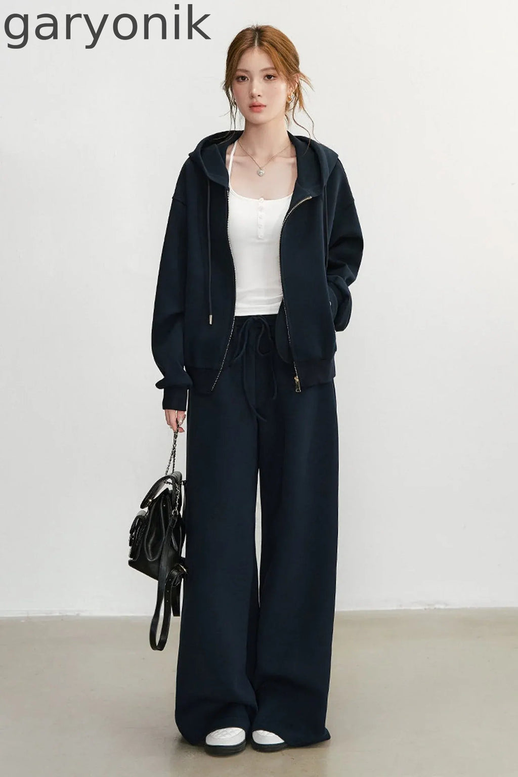 Embroidered Hooded Cardigan Sweatshirt and Wide-Leg Pants Set-Up