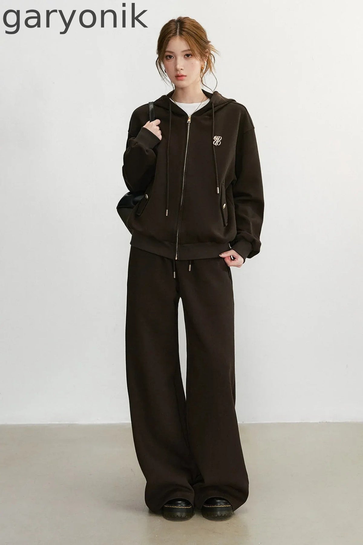 Embroidered Hooded Cardigan Sweatshirt and Wide-Leg Pants Set-Up