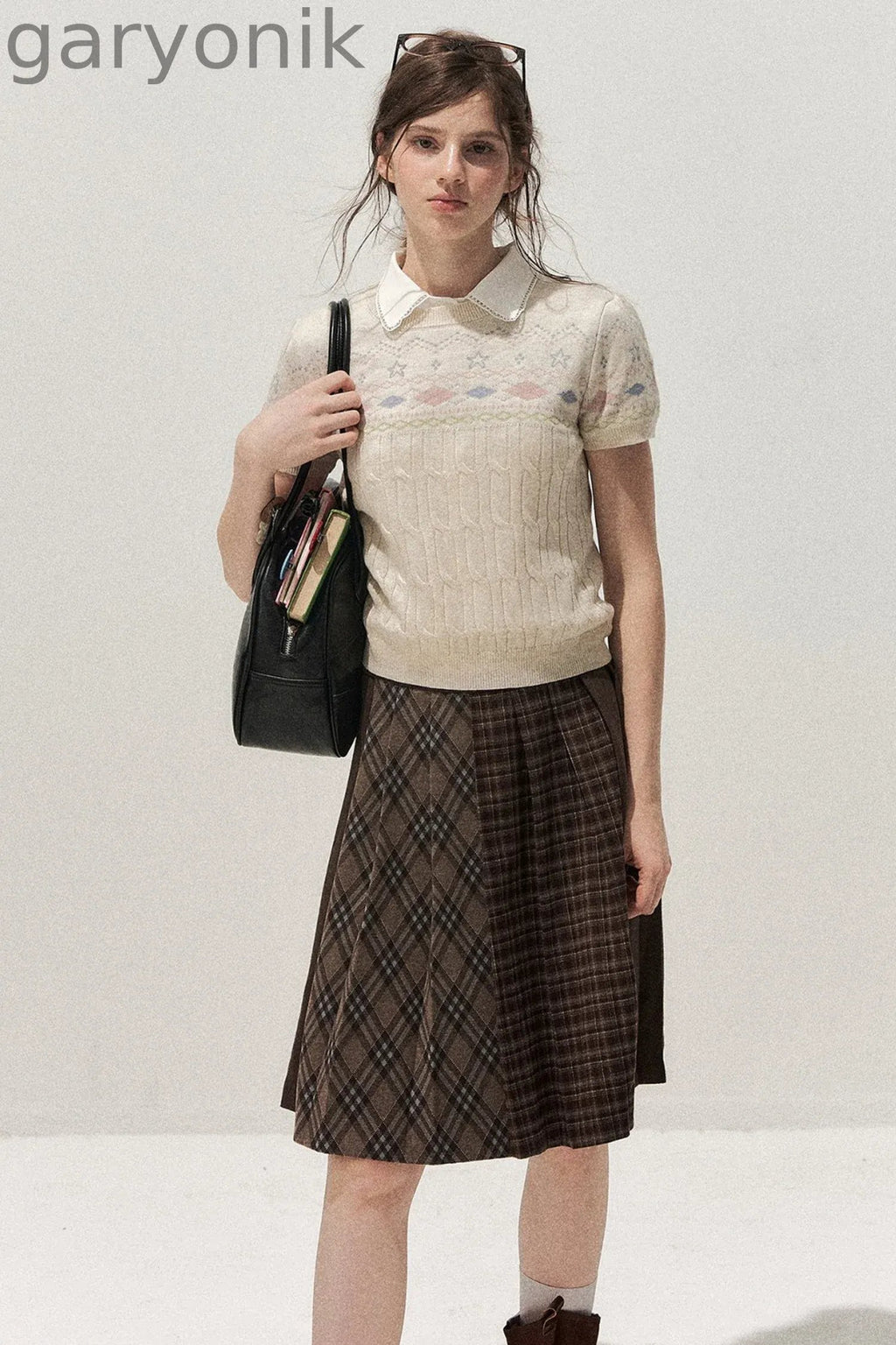 Retro Fair Isle Argyle Short-Sleeve Knit Sweater and Skirt Set-Up
