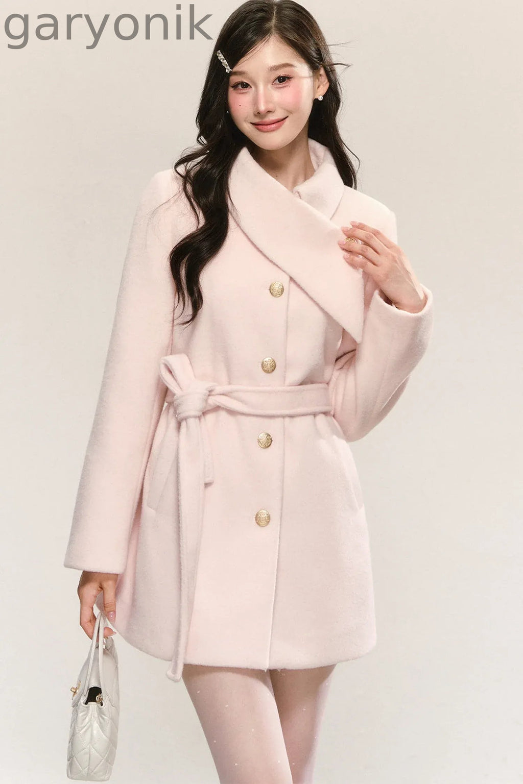 Pink Diagonal Collar Woolen Coat
