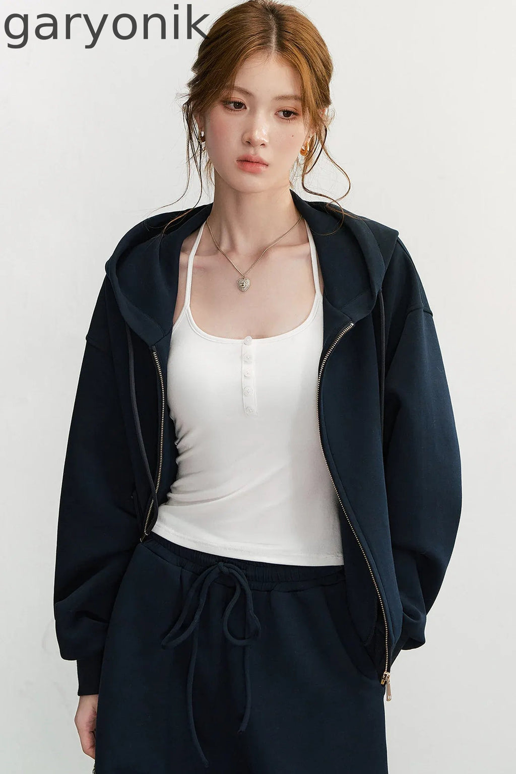 Embroidered Hooded Cardigan Sweatshirt and Wide-Leg Pants Set-Up