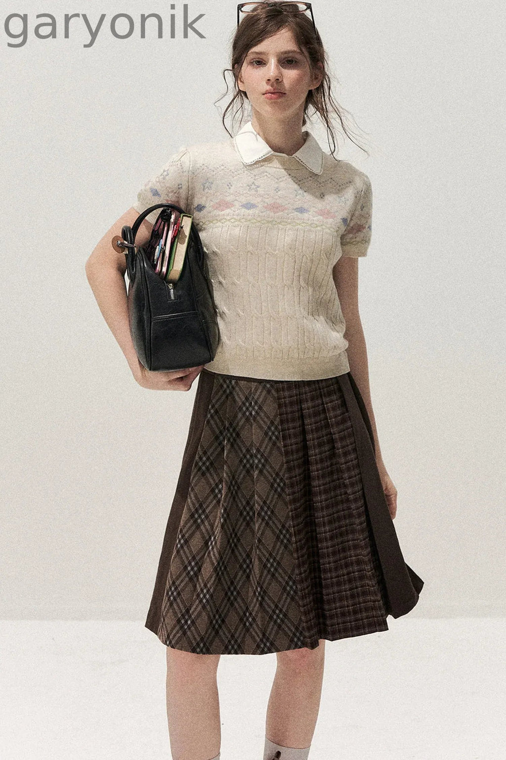 Retro Fair Isle Argyle Short-Sleeve Knit Sweater and Skirt Set-Up