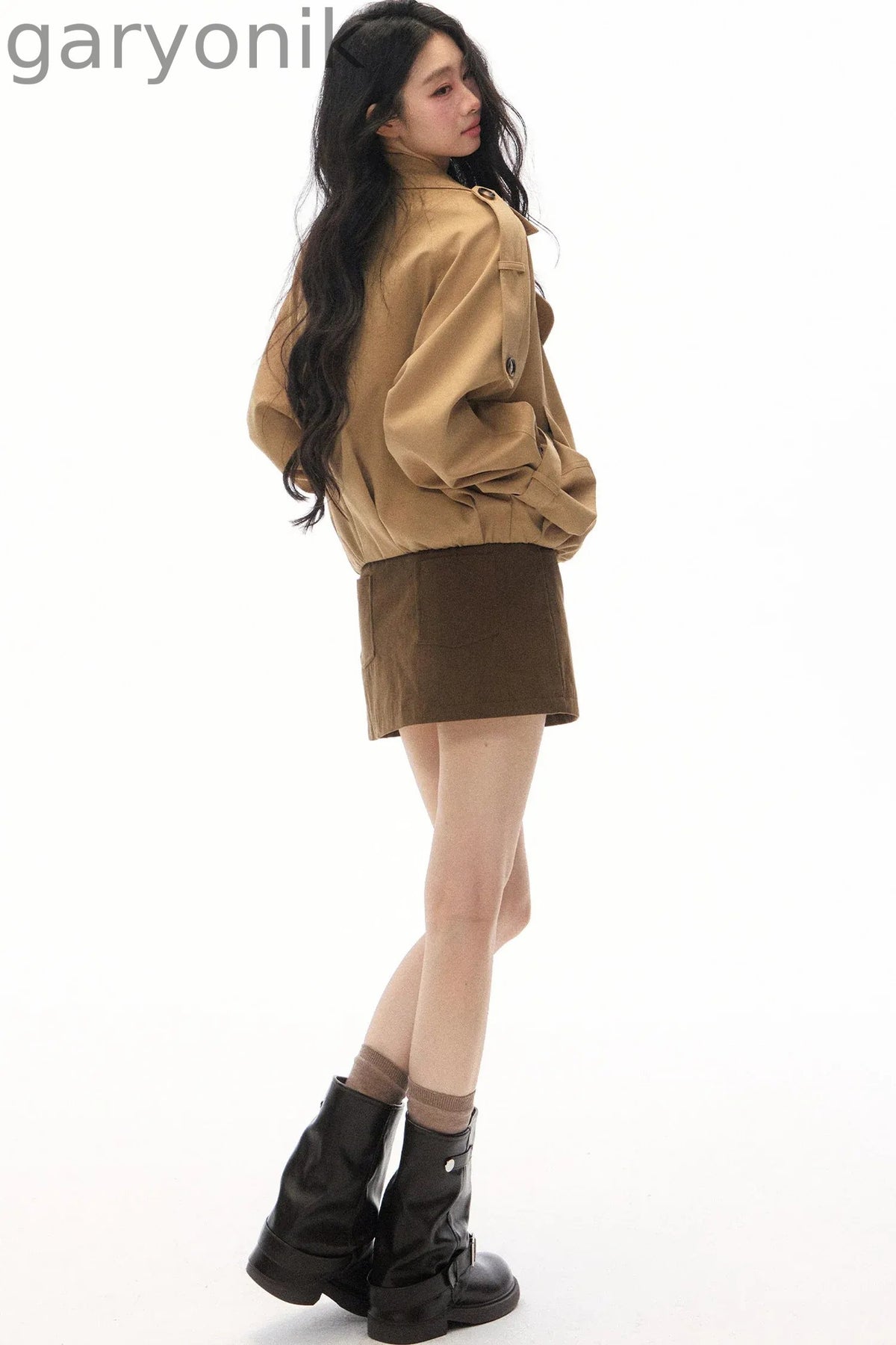 Khaki Double-Breasted Trench Coat and Skirt Set-Up
